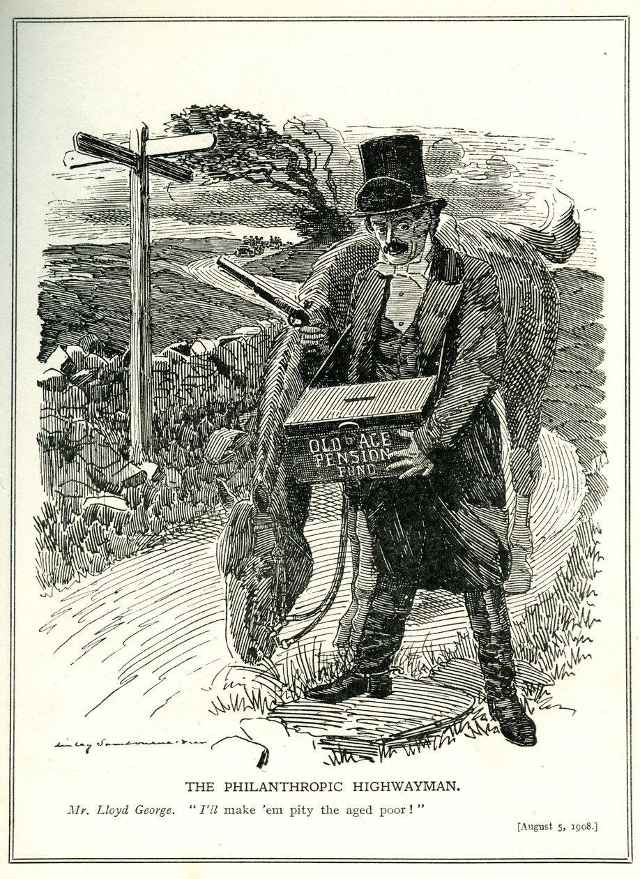 The Philanthropic Highwayman, Lloyd George with the Old Age Pension Fund, Cartoon from 