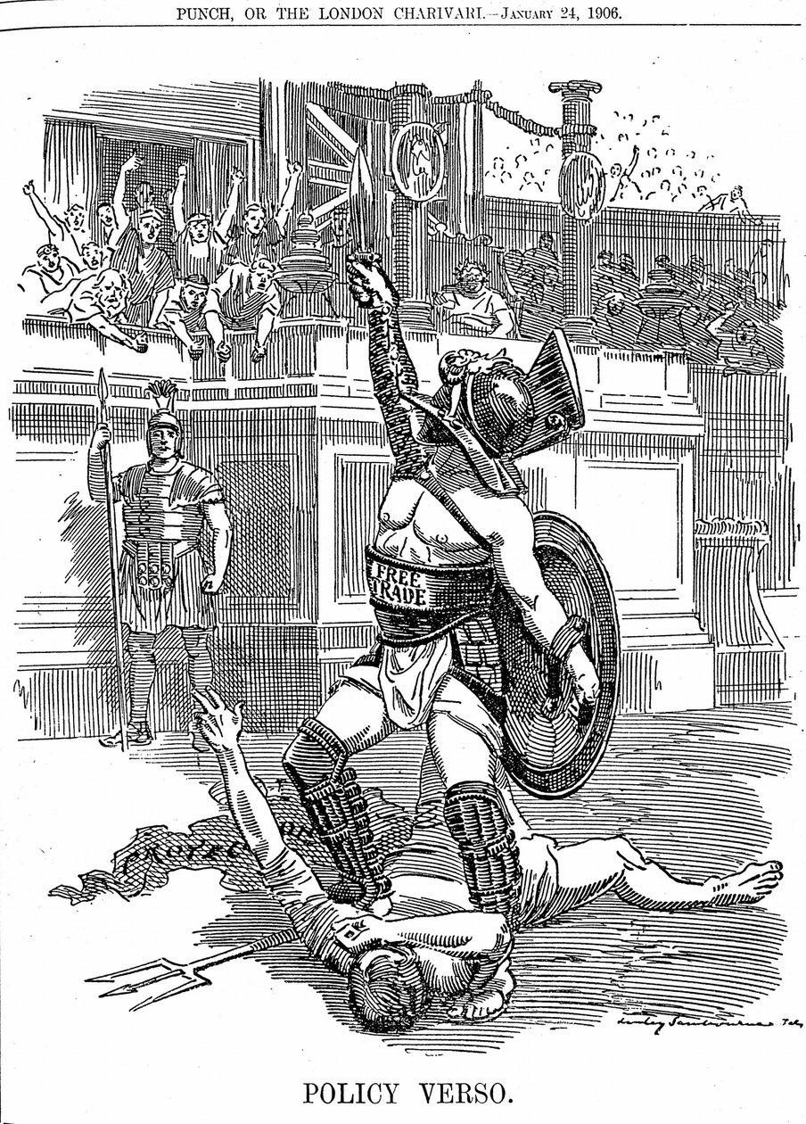 With Return of Liberal Government in Britain, December 1905, Free Trade Was the Policy, Rather Than the Conservative Policy of Protection by Tariff. Cartoon by Edward Linley Sambourne from Punch London 24 January 1906 by Edward Linley Sambourne