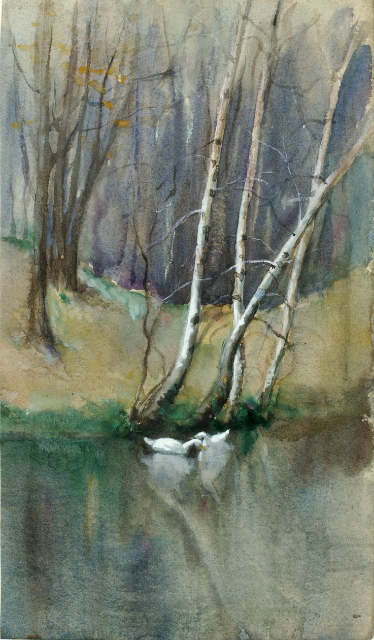 Untitled Wood Scene with Birch Trees and Ducks by Edward Mitchell Bannister