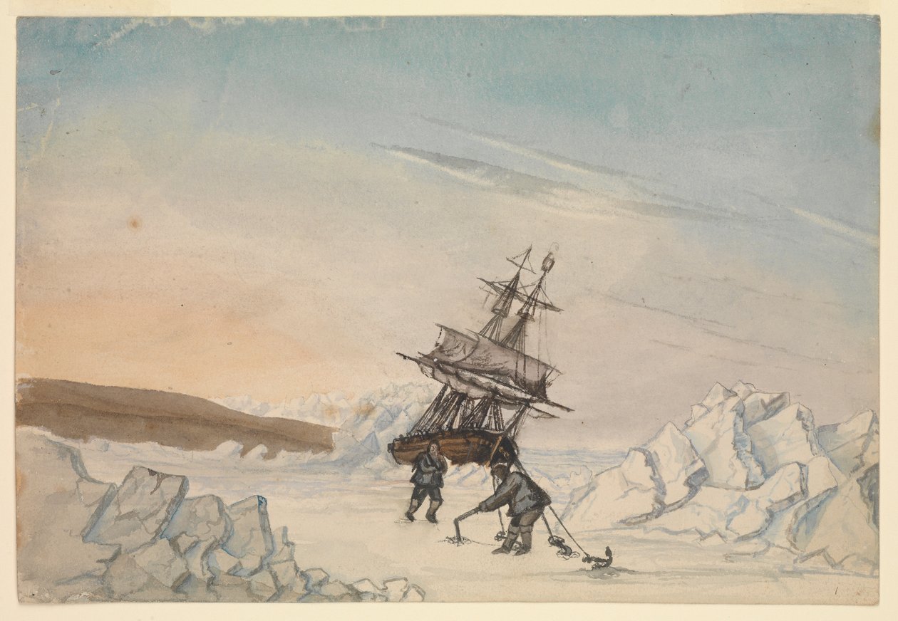 A ship stuck in the ice with two members of crew fixing the ship into ice with four fastenings by Edward Newell Harrison