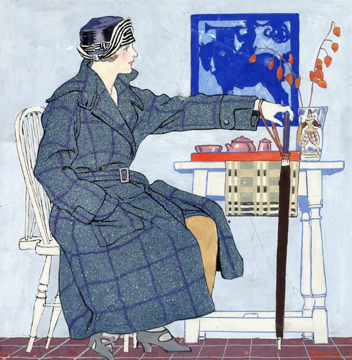 A young woman sitting beside a table holding an umbrella by Edward Penfield