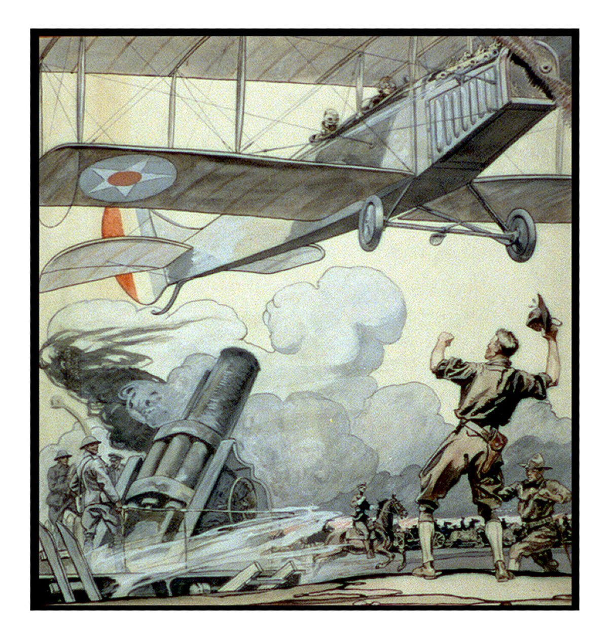 Airplane, artillery gun, and soldiers by Edward Penfield by Edward Penfield