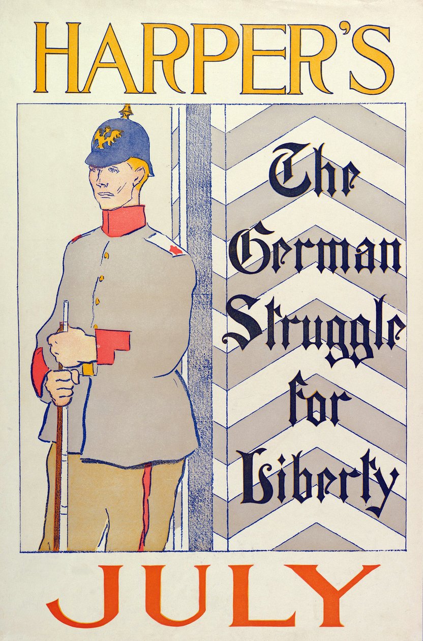 Poster advertising Harpers New Monthly Magazine, July 1895 by Edward Penfield