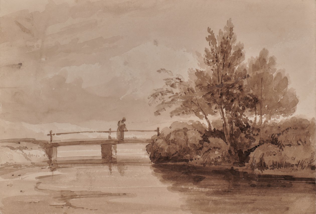 River Scene with Wooden Bridge and Figure by Edward Pretty