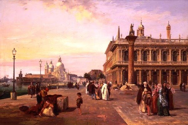 Figures on the Piazzetta, Venice with, Salute Beyond by Edward Pritchett