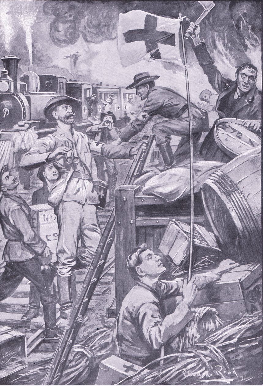 Bogus ambulancemen destroying stores at Komati Foort under cover of the Red Cross flag (illustration from After Pretoria: The Guerilla War, 1902) by Edward Read