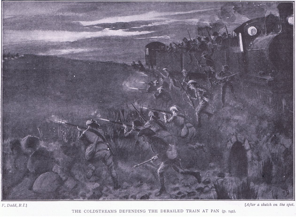 The Coldstreams defending a derailed train (illustration from After Pretoria: The Guerilla War, 1902) by Edward Read