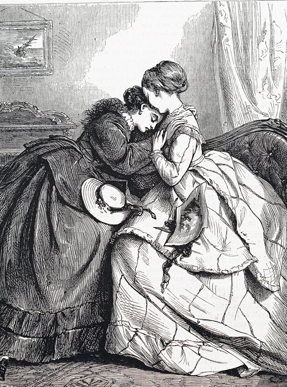 An older sister comforting her young sister by Edward Robert Hughes