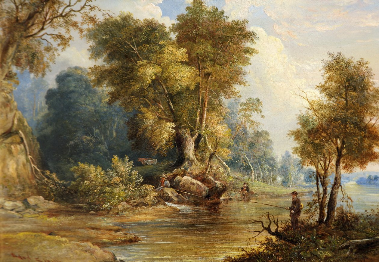 River Scene with Anglers, the Leadon, Gloucestershire, c.1880 by Edward Smith