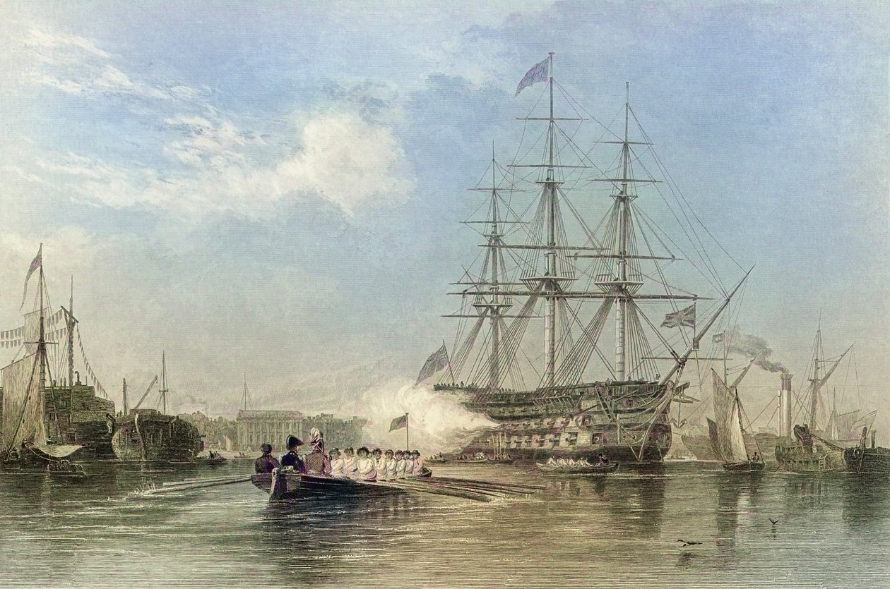 British Navy Flagship Saluting in Gosford Harbour by Edward William (after) Cooke