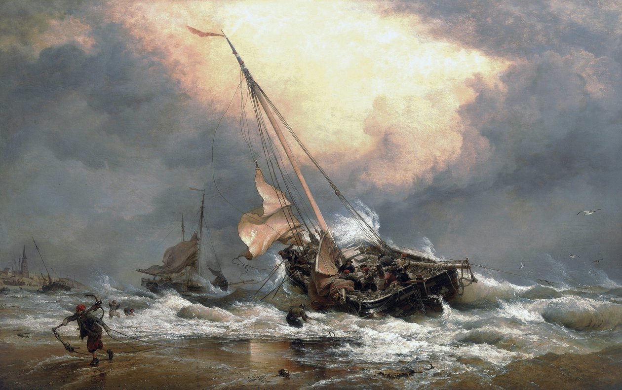 Fishermen pulling their boats on the shore of the North Sea, near Scheveningen by Edward William Cooke