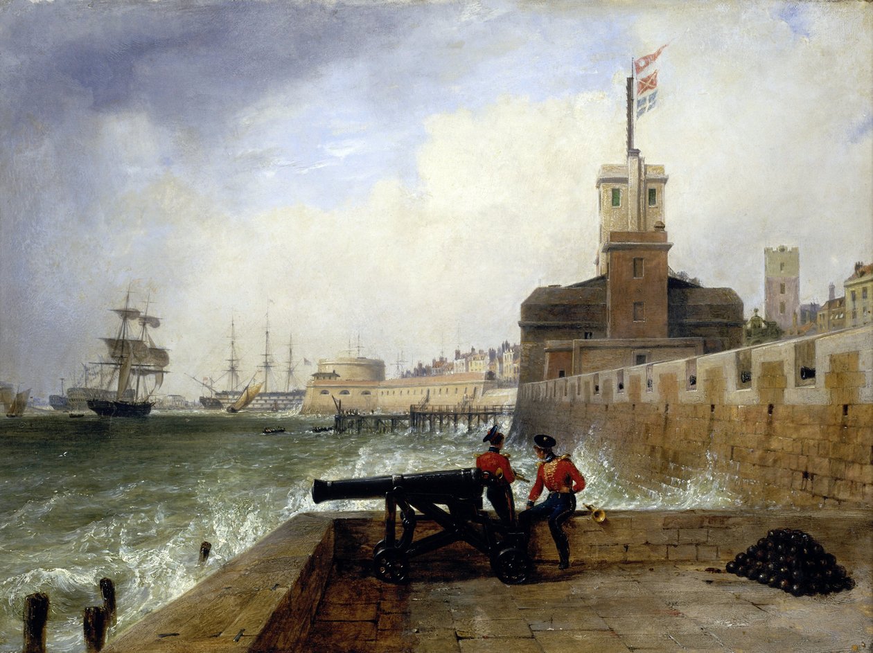 The Semaphore Tower at the entrance to the port of Portsmouth, with two soldiers sitting on the wall next to a cannon by Edward William Cooke