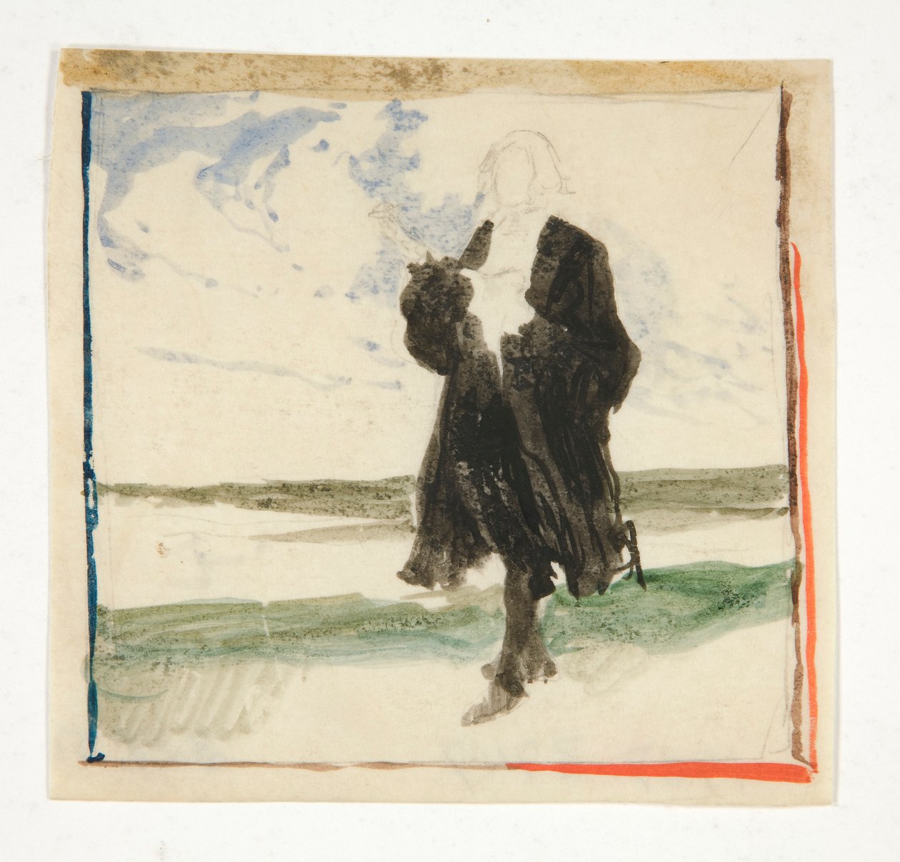 Cloaked Man in Landscape - Unidentified Illustration by Edwin Austin Abbey