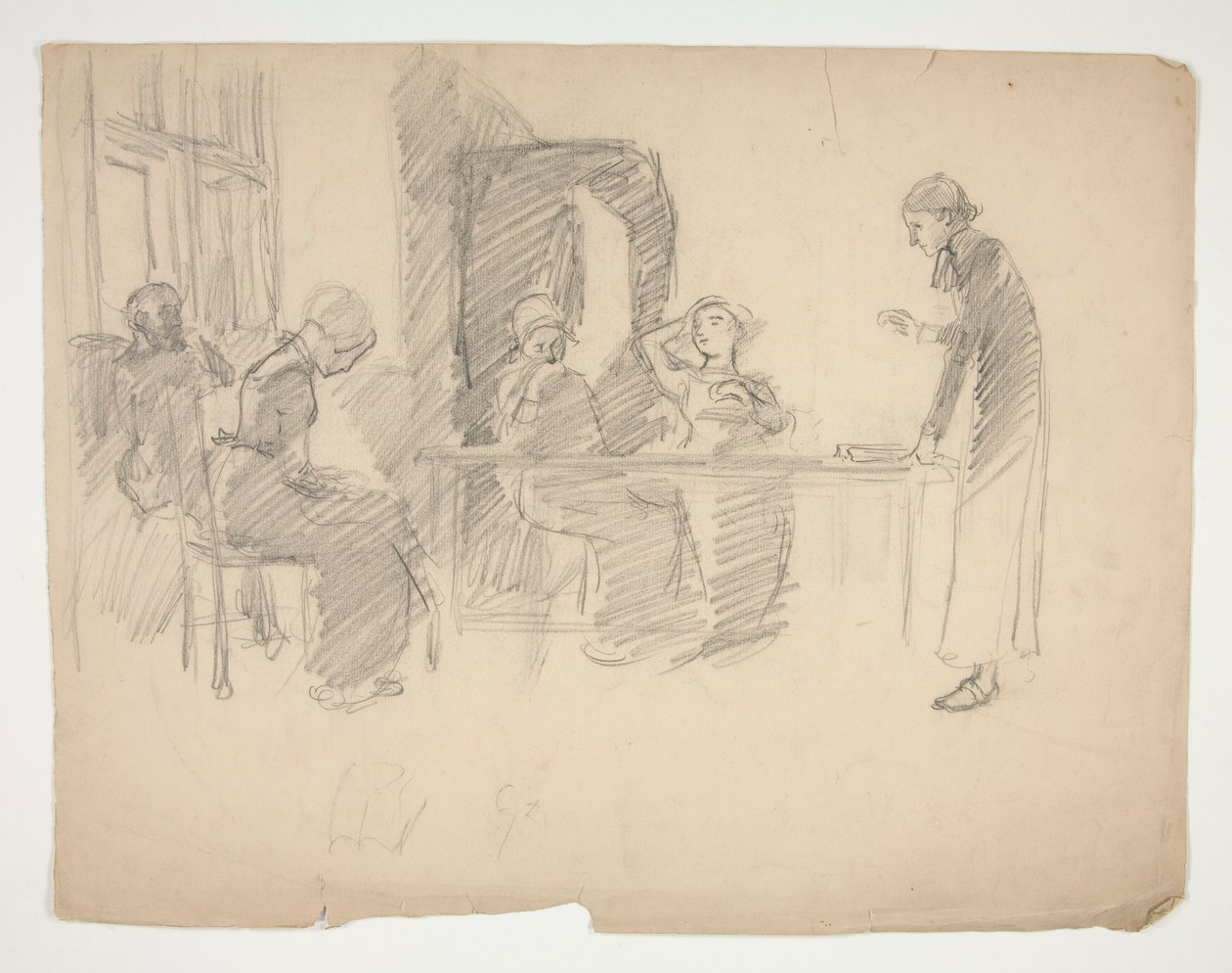 Early study for Stony Ground 1884, interior with figures by Edwin Austin Abbey