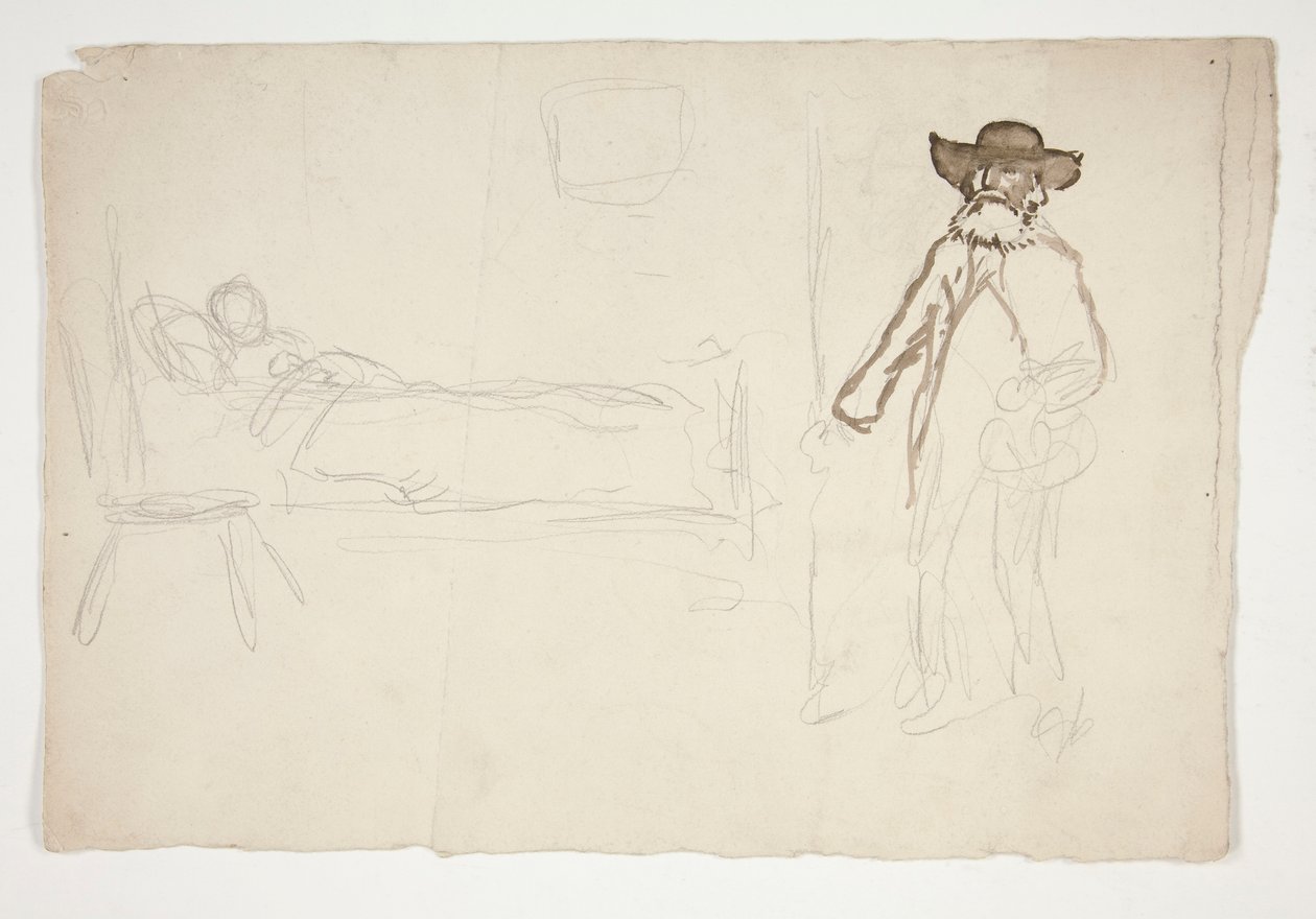Figure in bed, man entering room - unidentified illustration by Edwin Austin Abbey