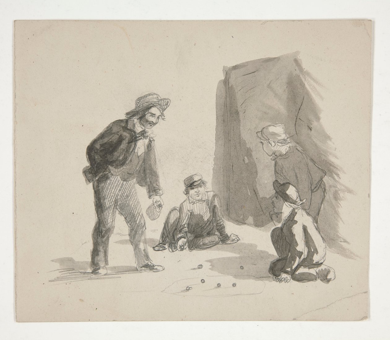 Four Boys Playing Marbles (Recto); Unidentified Illustration of Boy at Easel in Interior (Verso) by Edwin Austin Abbey