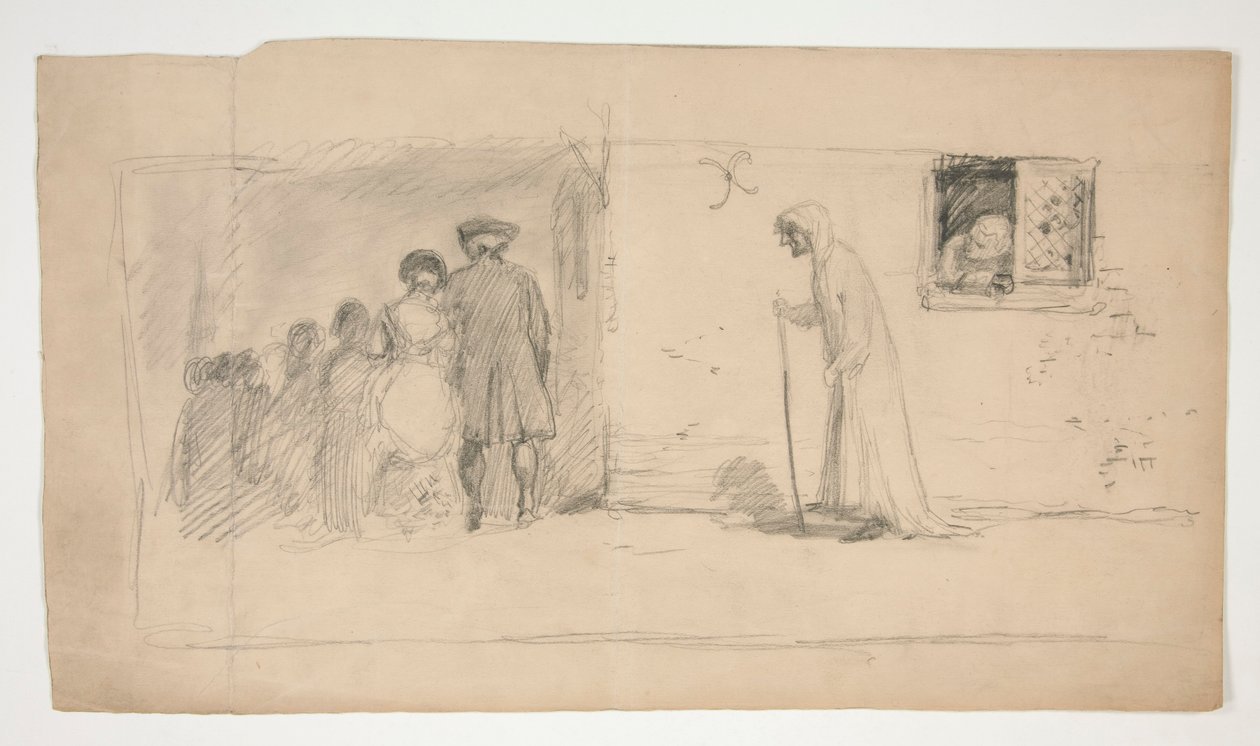 Group of Figures Outside Stone House - Unidentified Illustration by Edwin Austin Abbey
