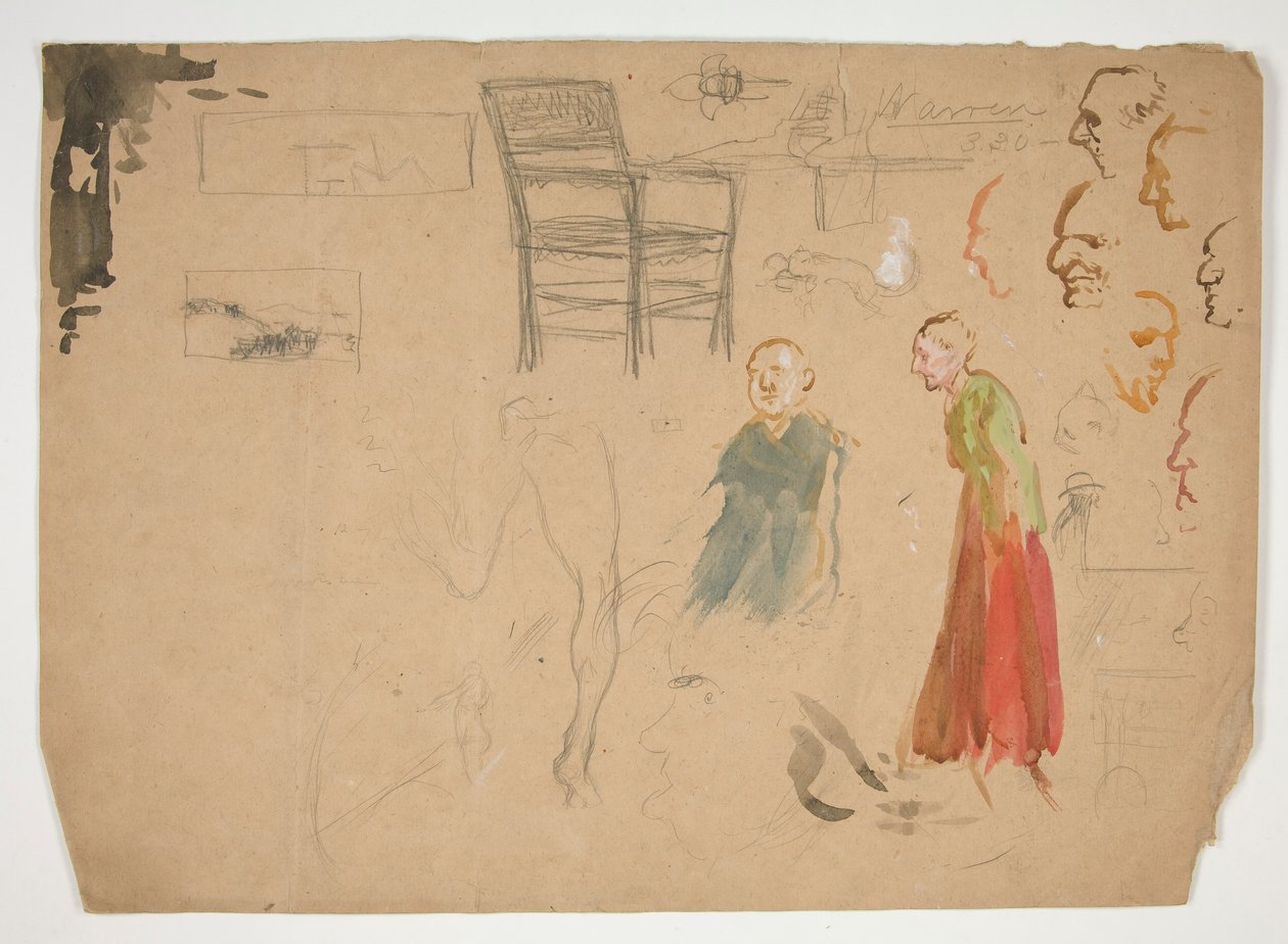 Head and Figure Studies, and Study of a Chair (recto); Sketches for Book Illustrations (verso) by Edwin Austin Abbey