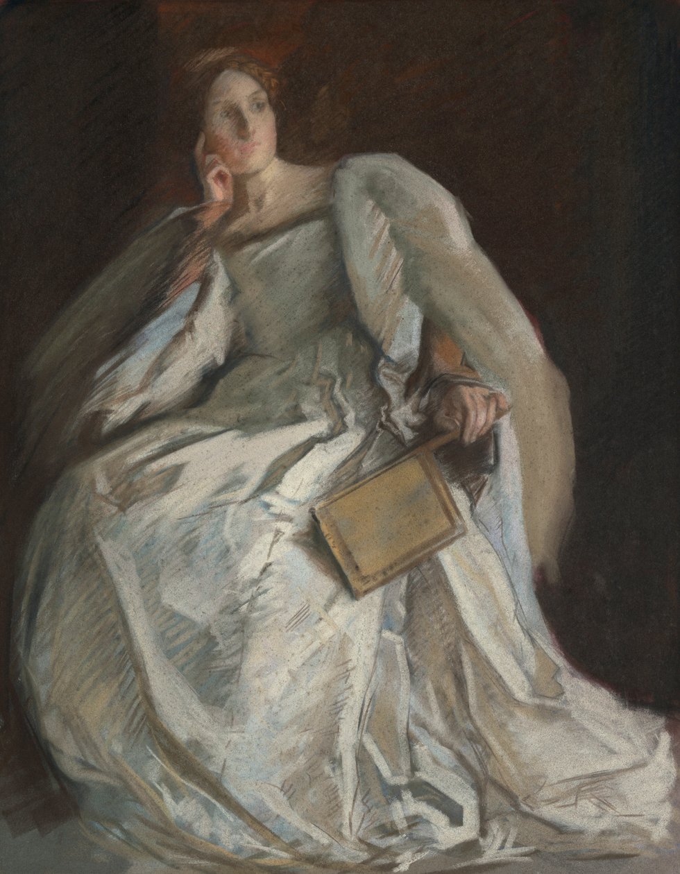 Lady in White Seated, Right Hand to Chin, Holding Fan by Edwin Austin Abbey