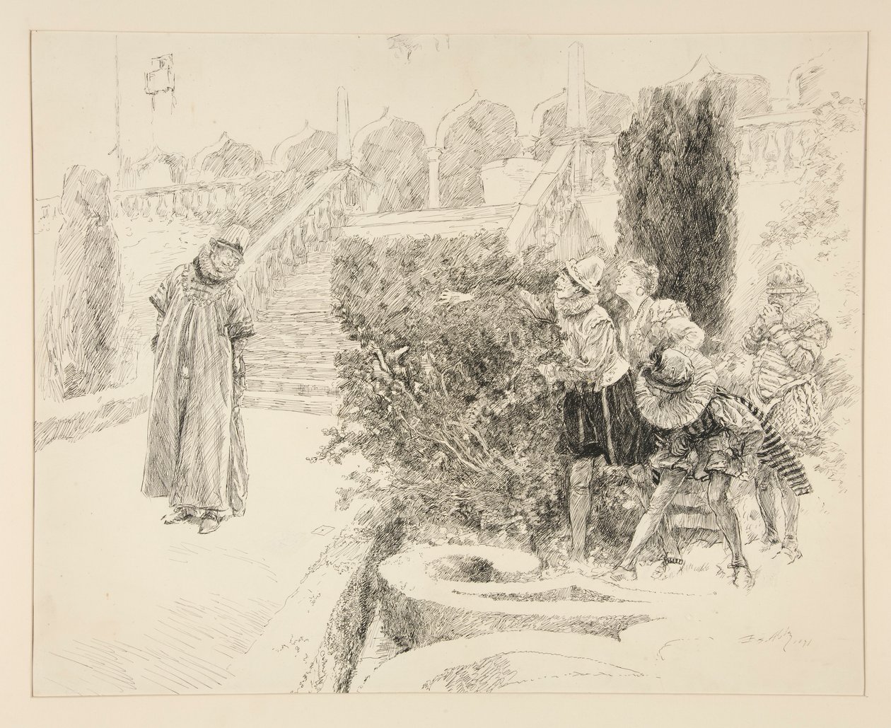 Malvolio finds the letter, illustration for Act II, Scene v, Twelfth Night by Edwin Austin Abbey
