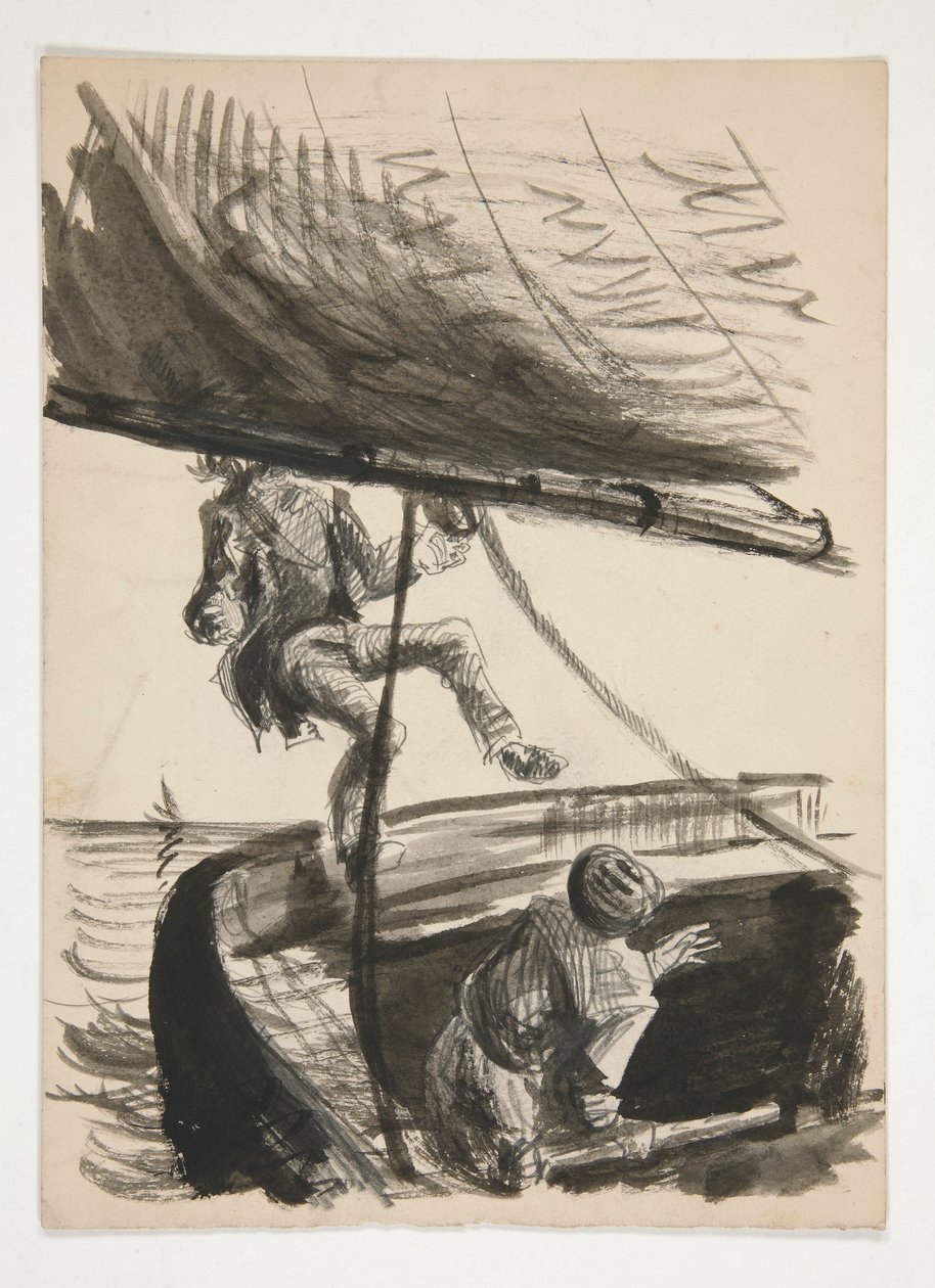 Man Being Knocked Overboard by Boom of Sailboat (recto); Unidentified Illustration of Boy Shining Man by Edwin Austin Abbey