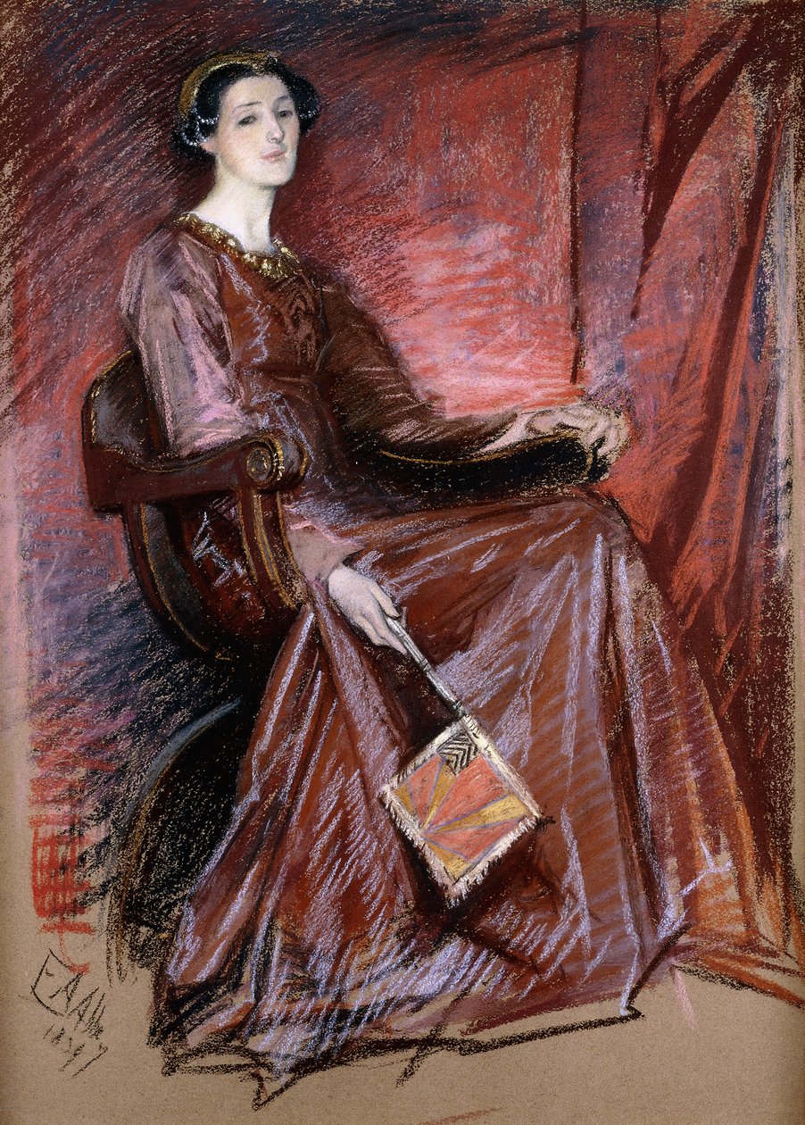 Seated Woman Wearing Elizabethan Headdress by Edwin Austin Abbey