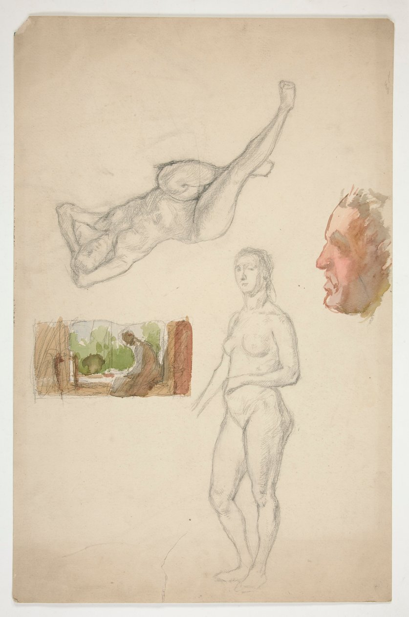 Sheet of Sketches: Two Nude Females, Profile of a Man, Figure Seated in an Interior by Edwin Austin Abbey