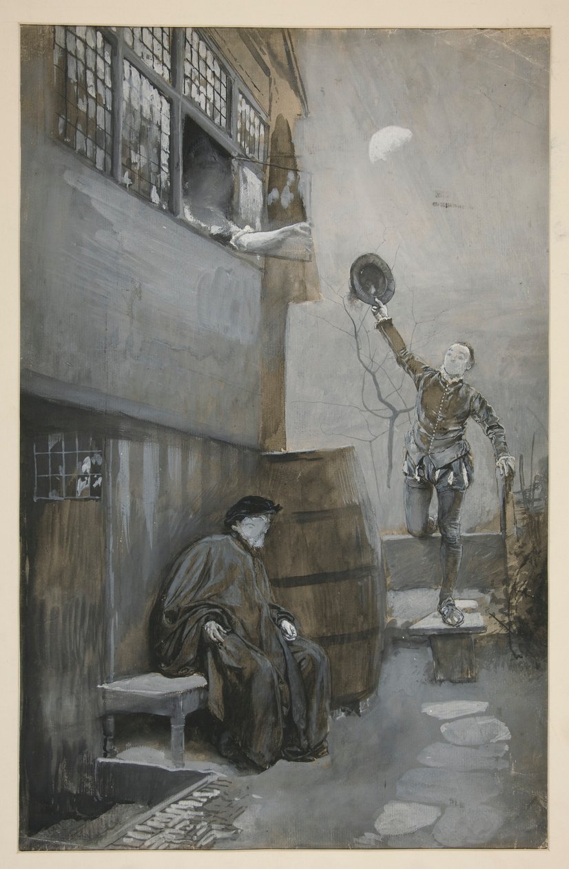Sketch for Nighttime Rendezvous - 3 figures: two male, one female by Edwin Austin Abbey