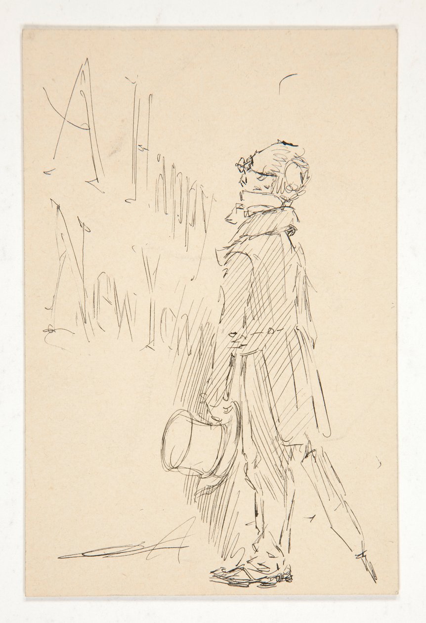 Sketch for a Greeting Card: A Happy New Year; Study of a Man Reading a Sign by Edwin Austin Abbey