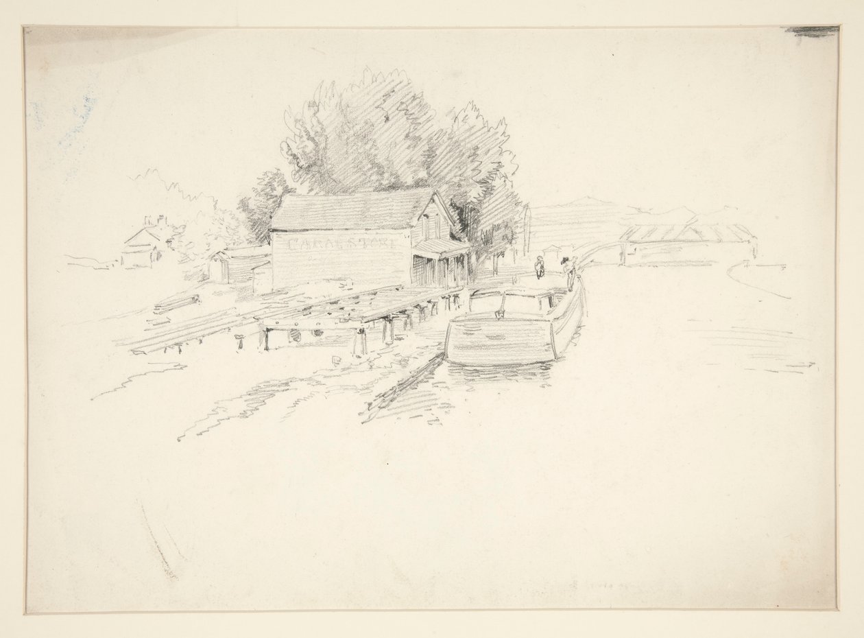 Sketch of a Pier, with Fishing Boat and Dockside Store by Edwin Austin Abbey