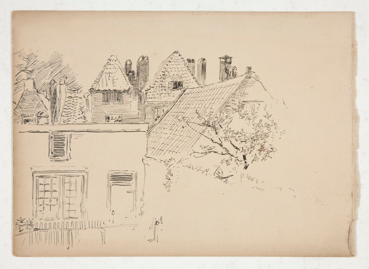 Sketch of an Exterior: Buildings and Tree by Edwin Austin Abbey