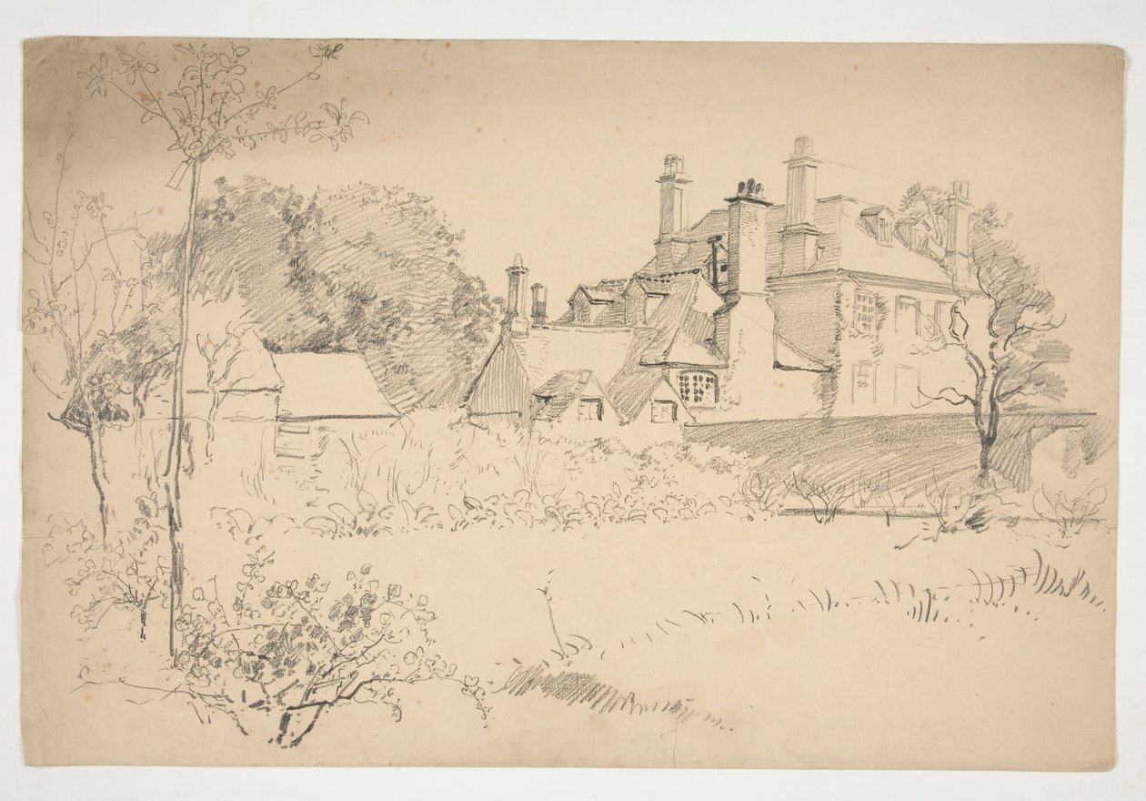 Sketch of an Exterior: Garden, Wall and Large Victorian House by Edwin Austin Abbey