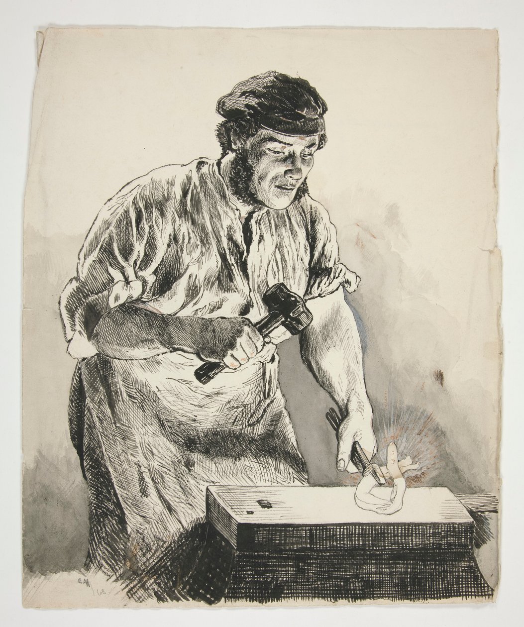 Study of a Blacksmith, Hammering Iron - Unidentified Illustration by Edwin Austin Abbey