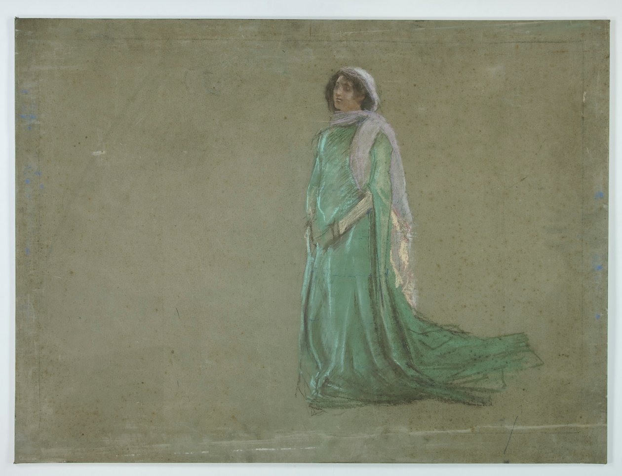 Study, woman in long green dress, pink scarf by Edwin Austin Abbey