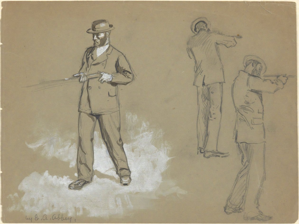 Three Sketches of a Man with a Gun (recto); Figure Studies and Portrait of A. S. Wina (?) (verso) by Edwin Austin Abbey