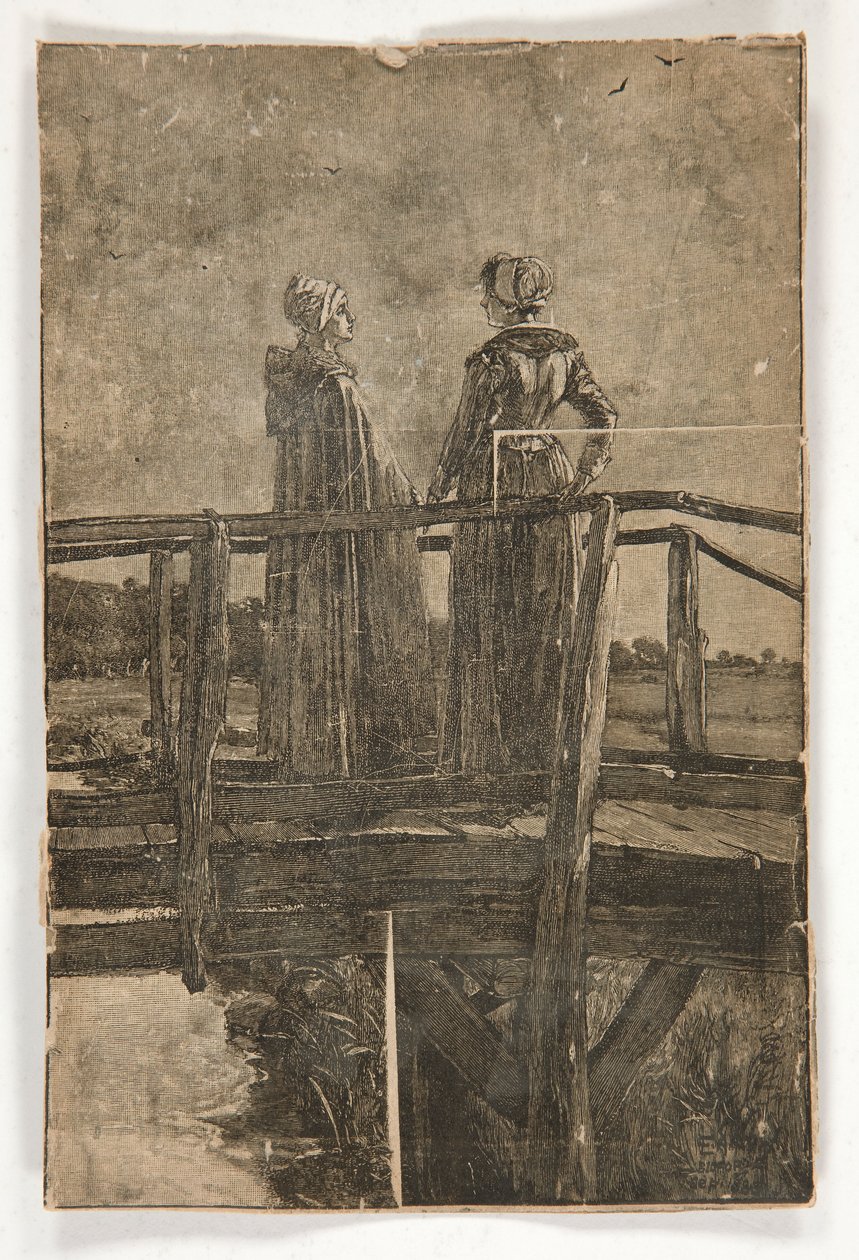 Untitled Wood Engraving by E.A. Abbey (?) of Two Ladies on a Wooden Footbridge - Illustration for William Black by Edwin Austin Abbey