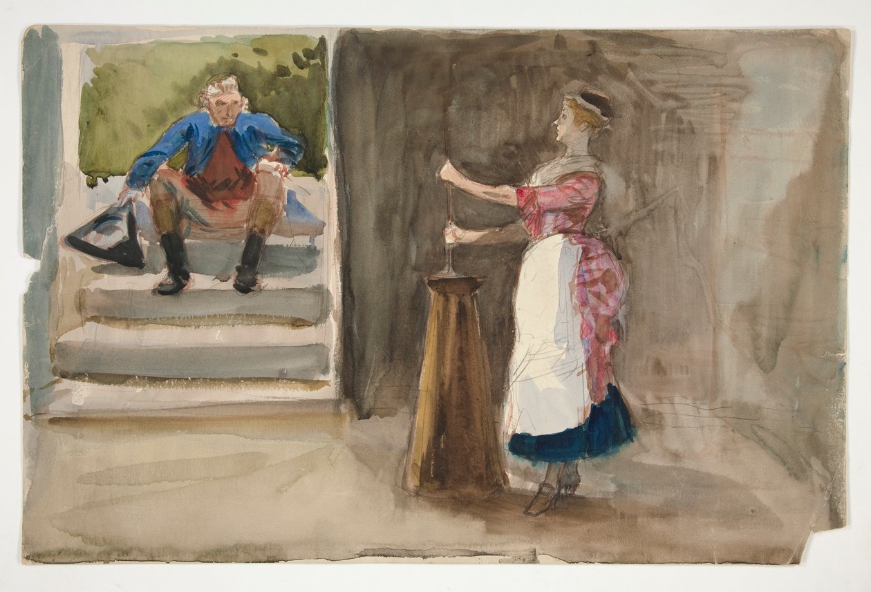 Woman Churning Butter, Man in Revolutionary Dress Watching by Edwin Austin Abbey