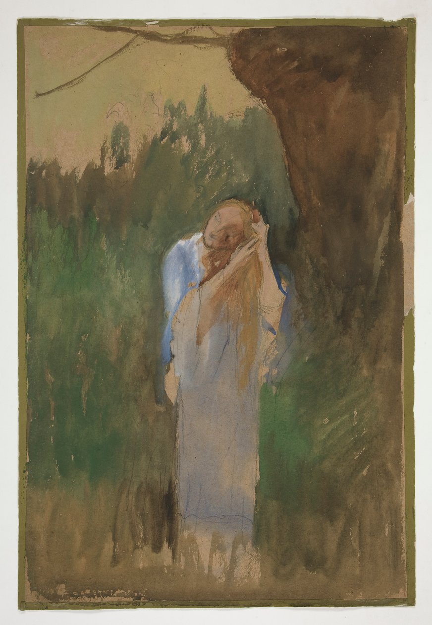 Woman in Landscape, Combing Her Long, Blond Hair - (Unidentified Illustration) by Edwin Austin Abbey