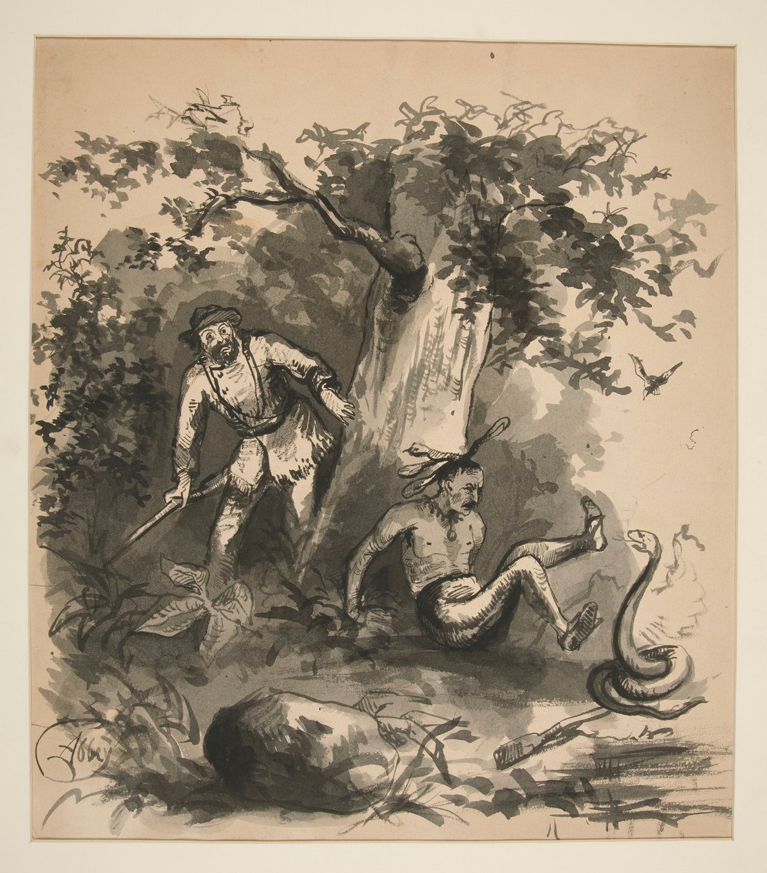 Woodland Scene of a Hunter, an Indian, and a Snake - Unidentified Illustration by Edwin Austin Abbey