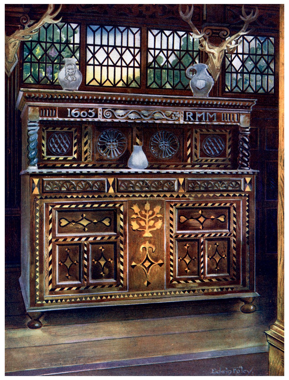 Carved and Inlaid Oak Court Cupboard, 1910 by Edwin Foley
