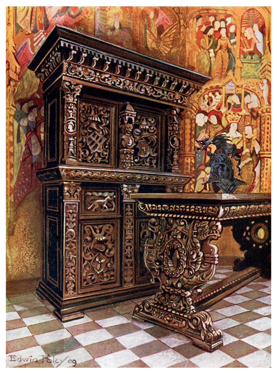 Carved oak armoire by Edwin Foley