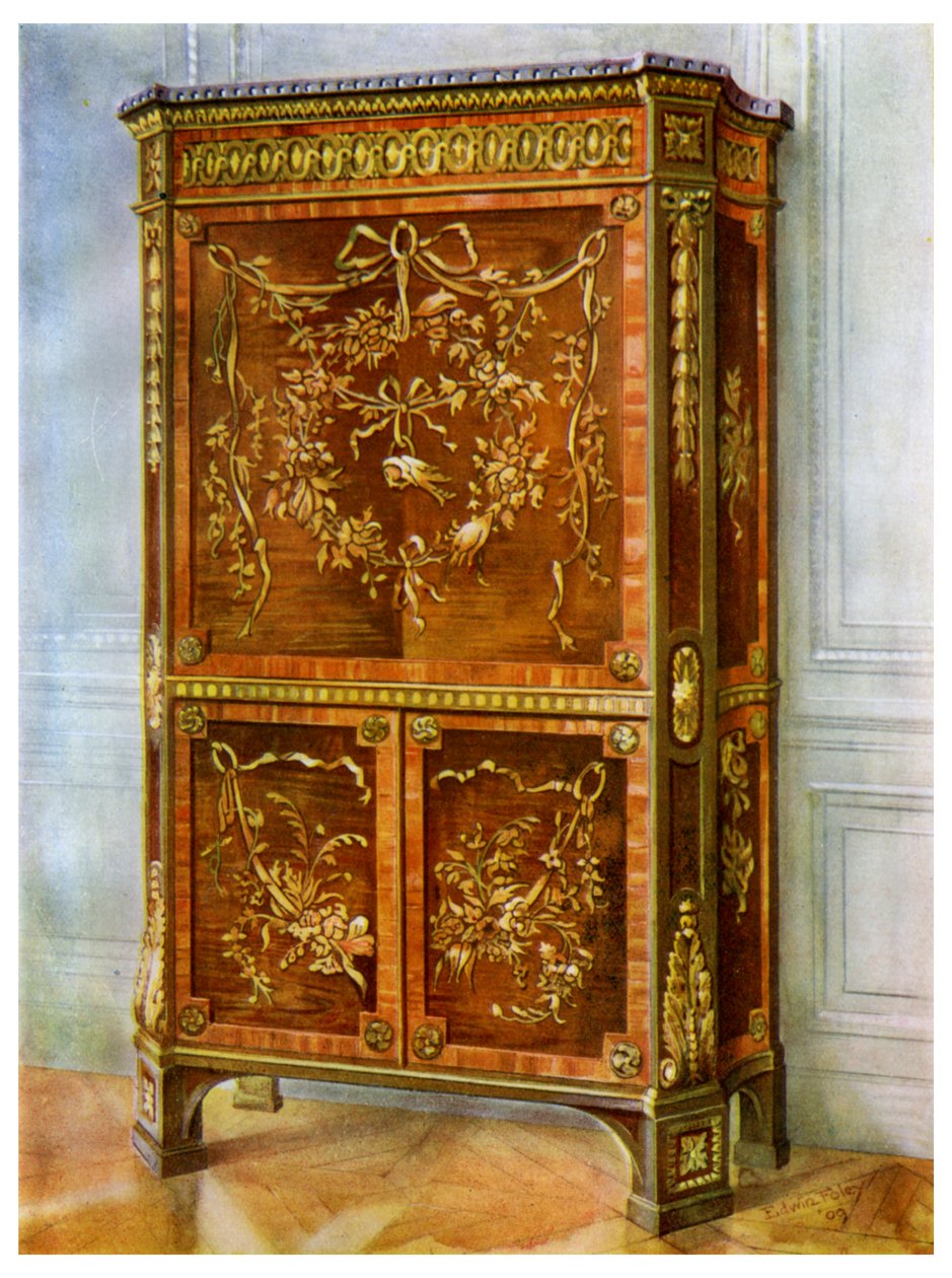 Inlaid ormolu mounted upright secretaire, French by Edwin Foley