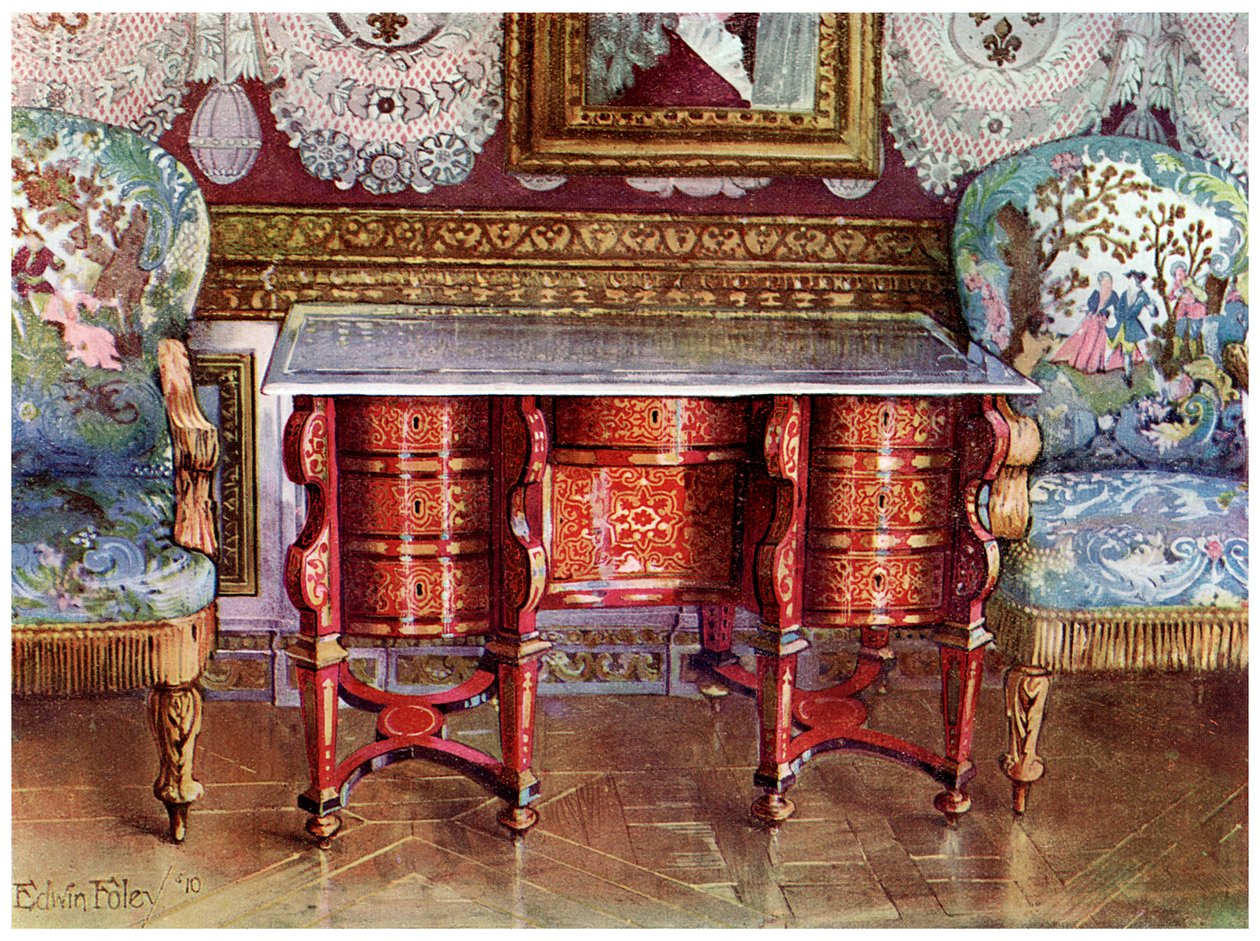 Kneehole writing table and gilt fauteuils by Edwin Foley