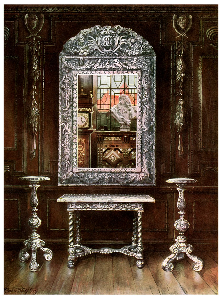 Mirror, Gueridons, and Table Overlaid with Silver Plaques by Edwin Foley