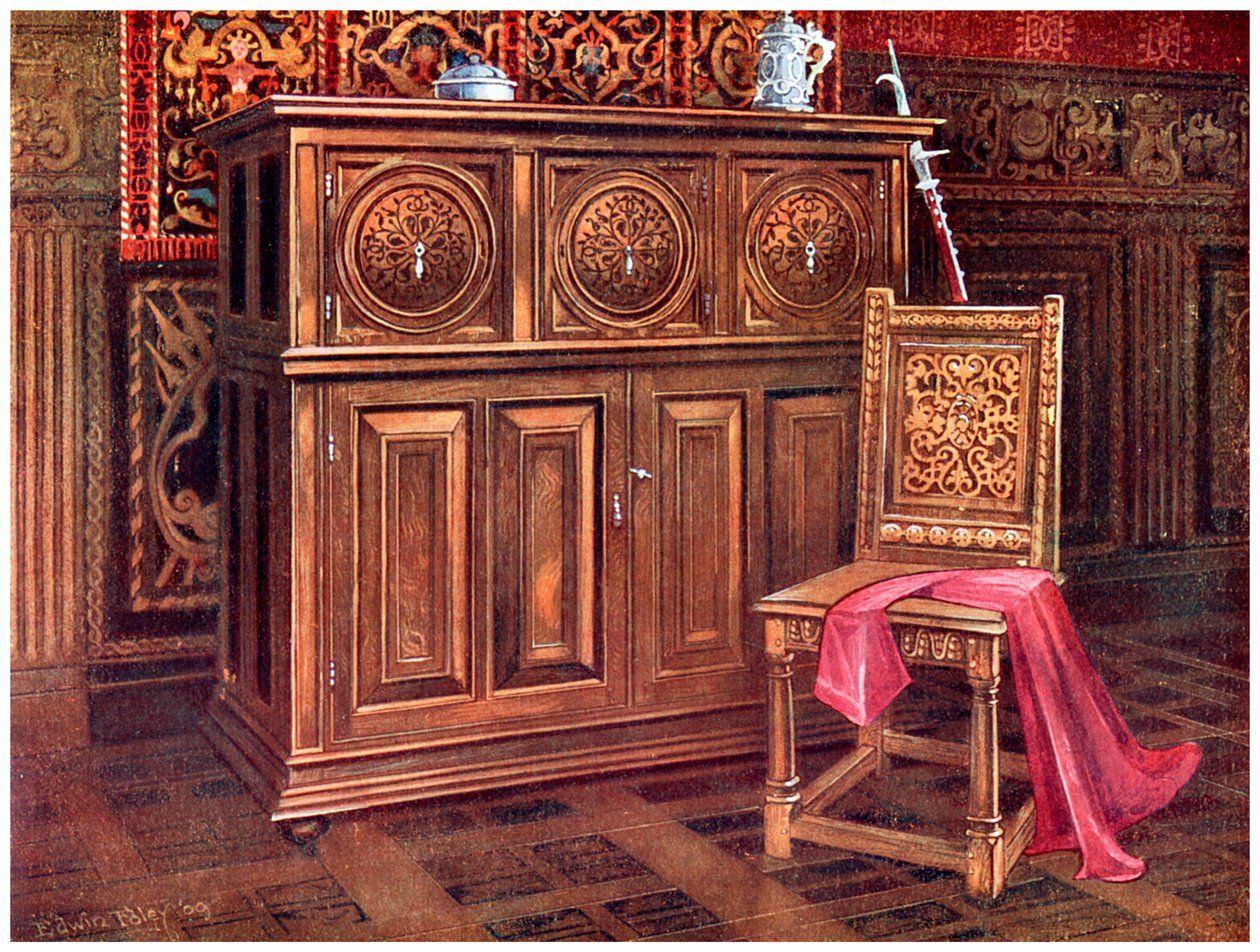 Oak cabinet and walnut chair, 1910 by Edwin Foley