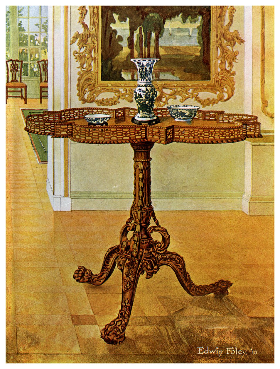 Shaped fret rimmed gallery table, Chippendale School, 1911-1912 by Edwin Foley