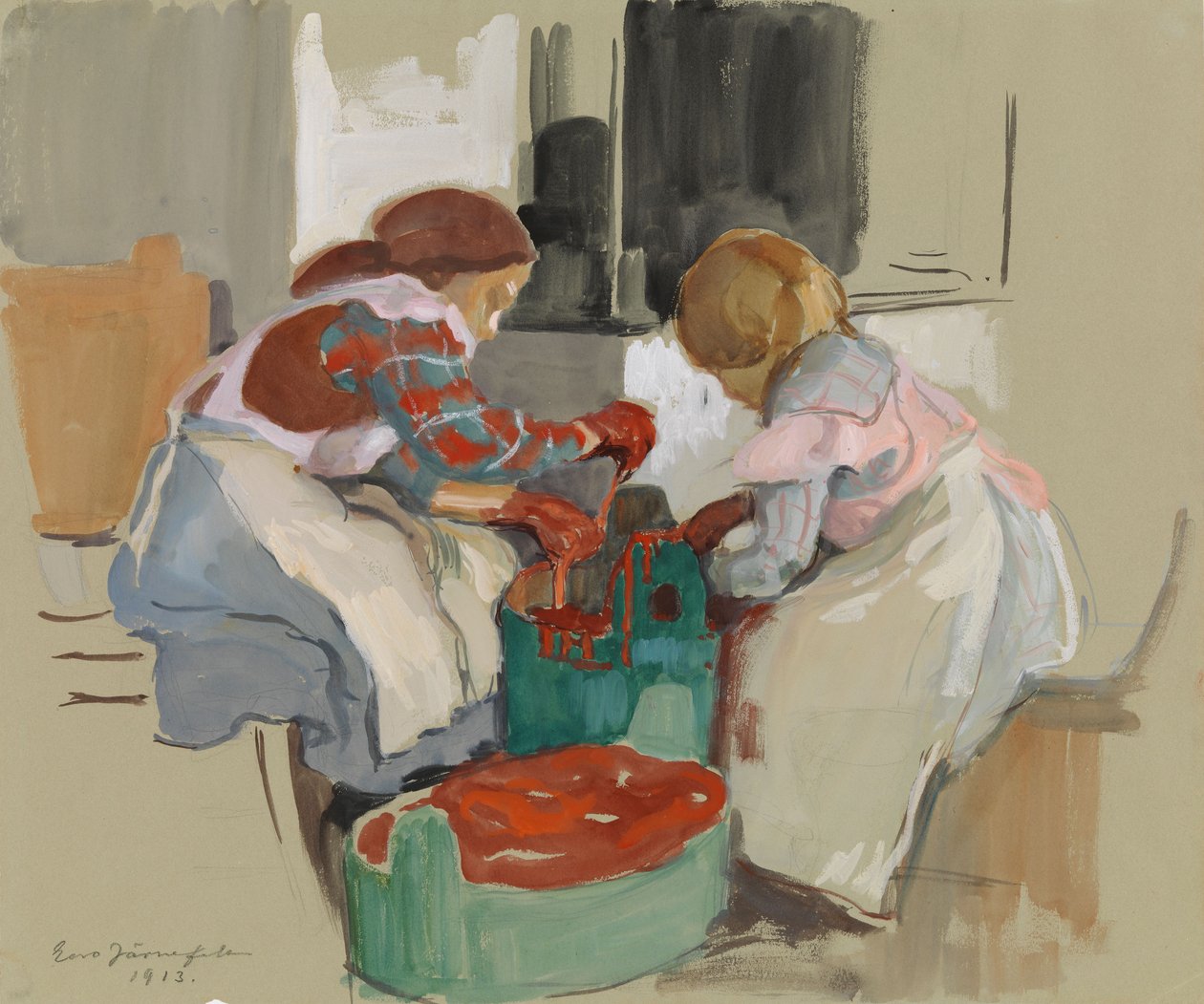 Two Girls Dyeing Fabric by Eero Järnefelt