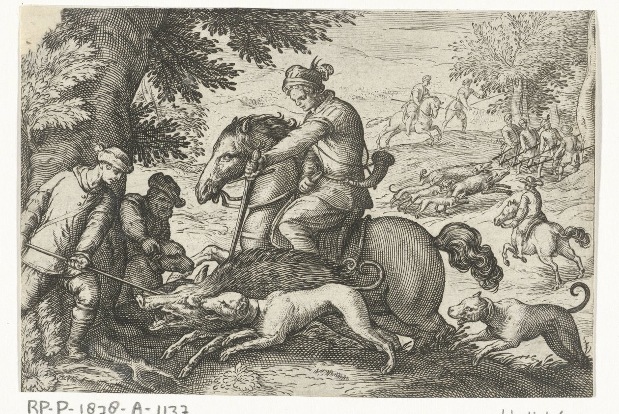 Hilly Landscape with Wild Boar Hunt by Egbert Jansz.