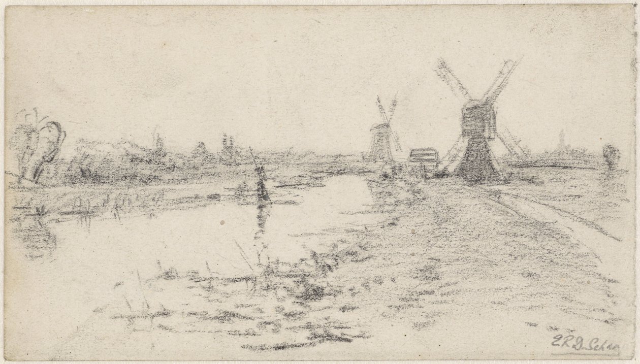 Landscape with River and Two Mills by Egbert Rubertus Derk Schaap