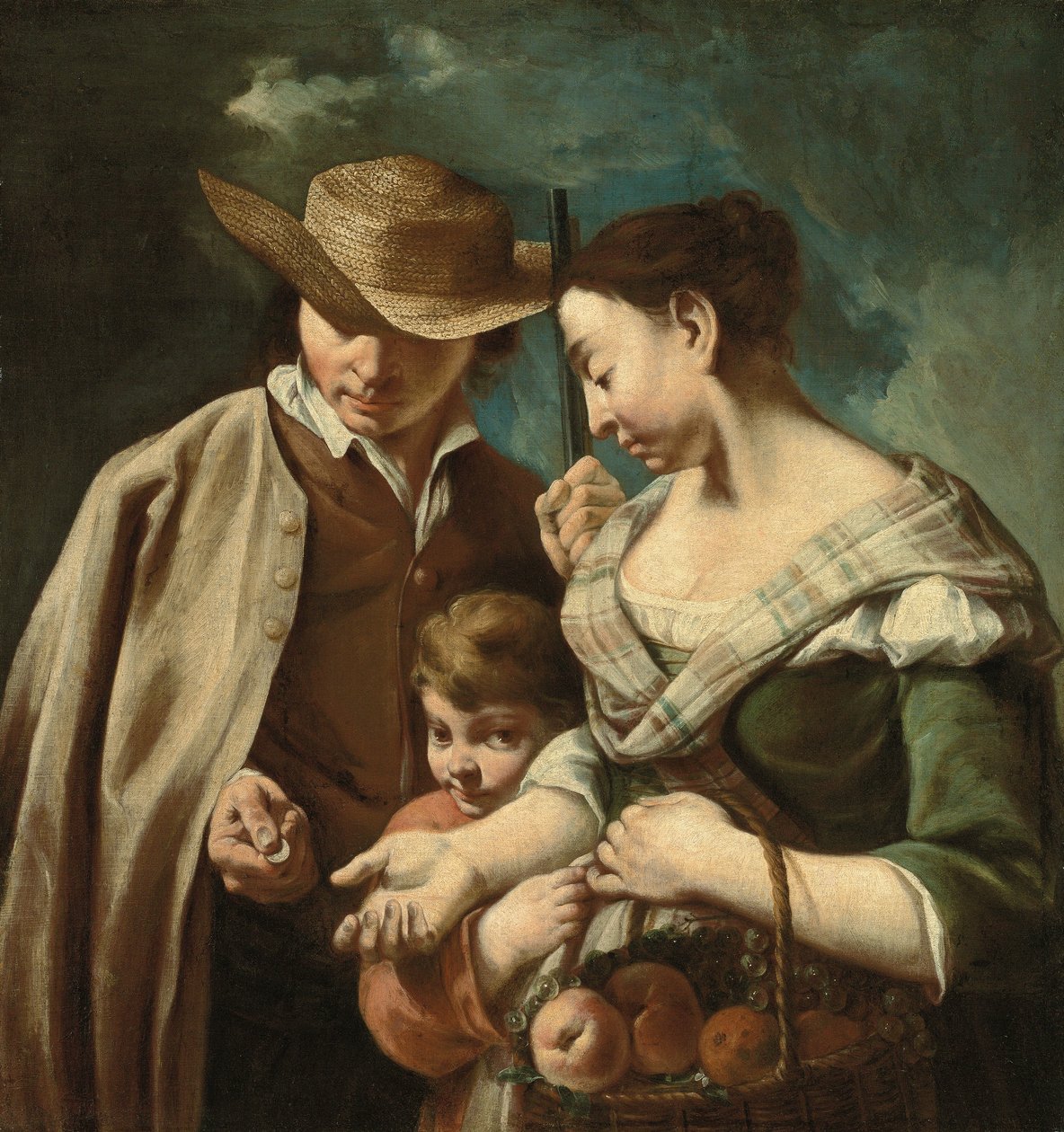A fruit seller and a young boy, with a basket of peaches, pears and grapes, in a landscape, with a man holding a gun and a coin by Egidio (attr.to) Dall